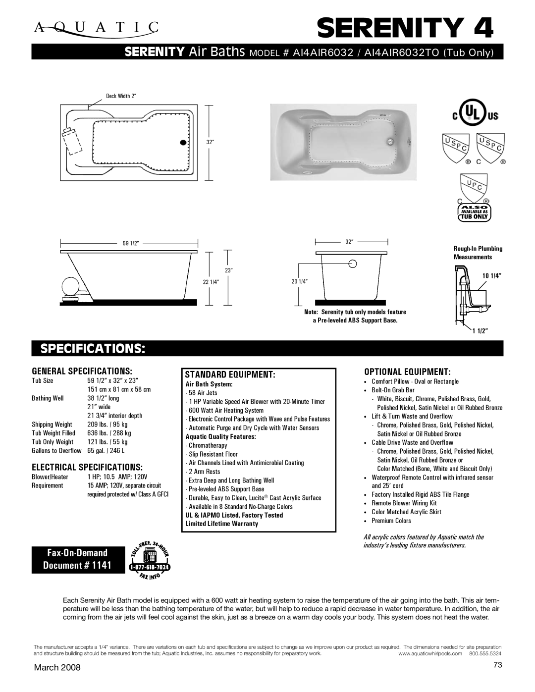 Aquatic AI4AIR6032TO specifications General Specifications, Electrical Specifications, Standard equipment 