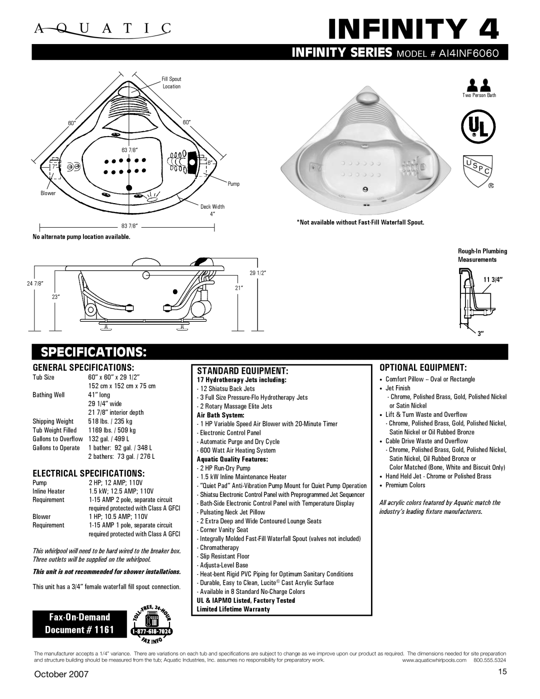 Aquatic AI4INF6060 specifications General Specifications, Electrical Specifications, Standard equipment 