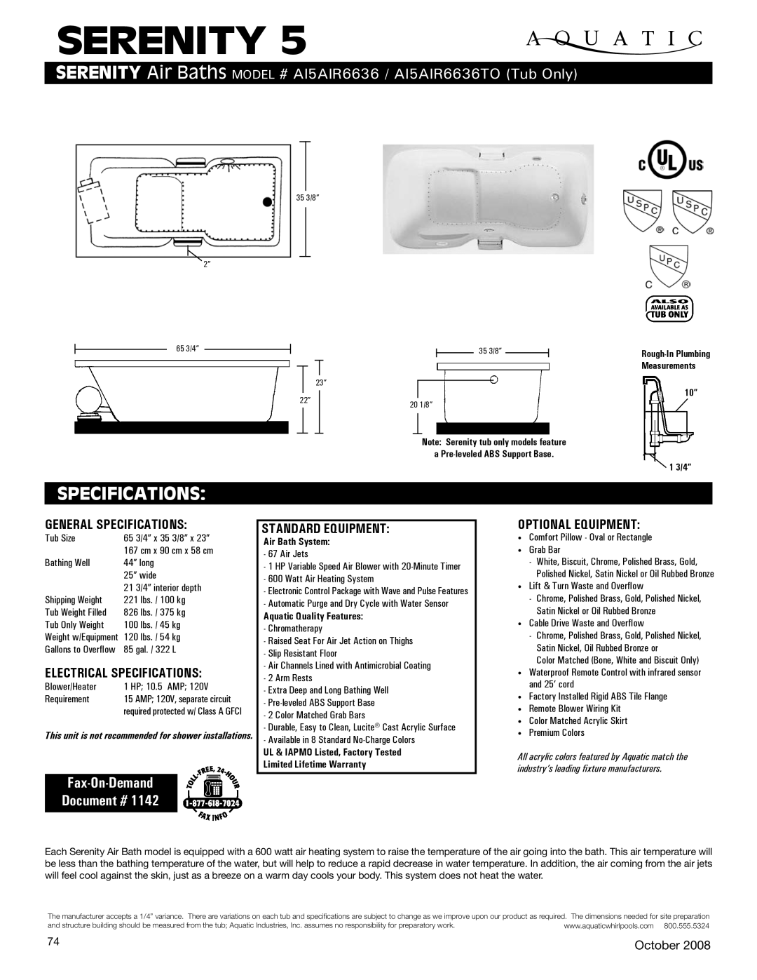 Aquatic AI5AIR6636TO specifications General Specifications, Electrical Specifications, Standard equipment 