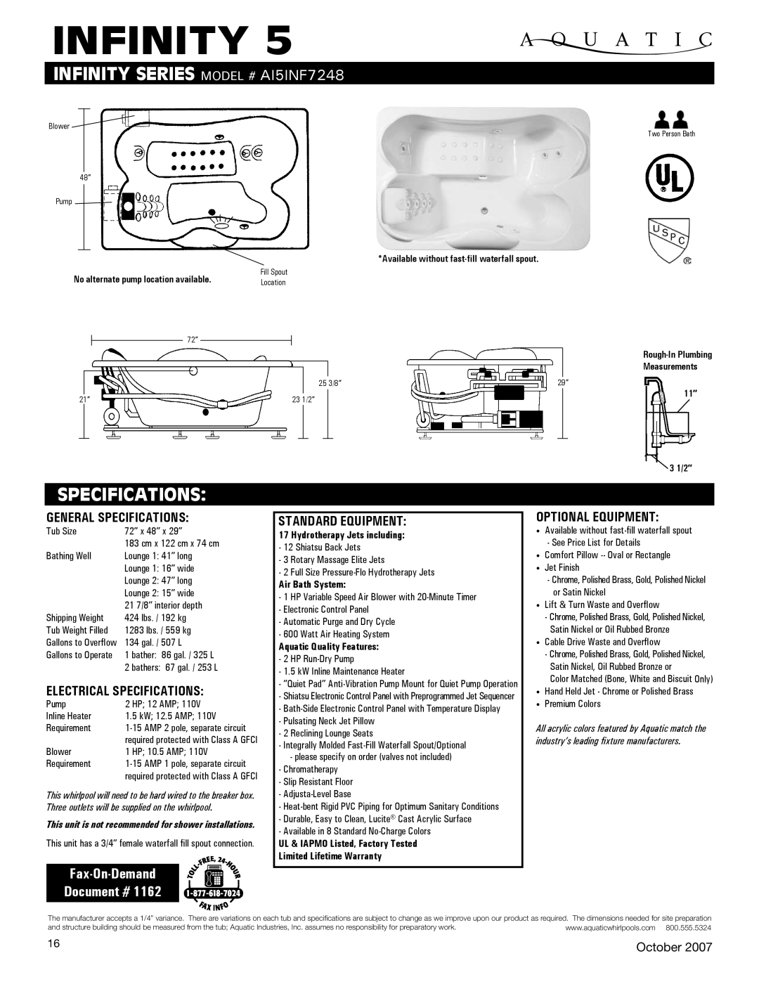 Aquatic AI5INF7248 specifications General Specifications, Electrical Specifications, Standard equipment 