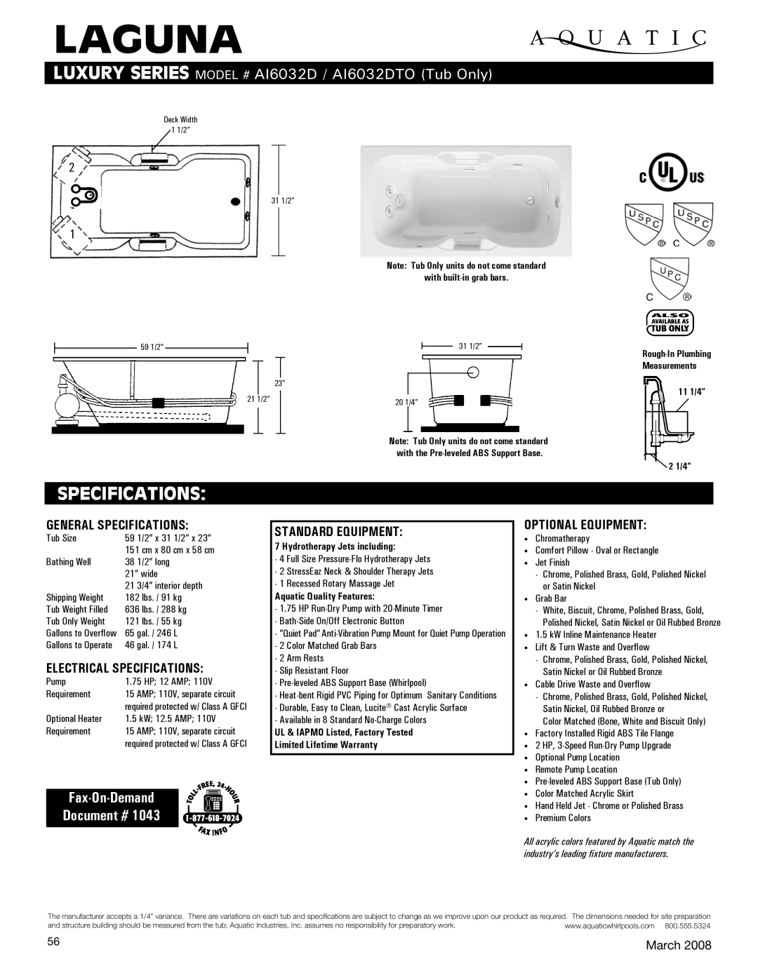 Aquatic AI6032D specifications General Specifications, Electrical Specifications, Standard equipment, Optional equipment 