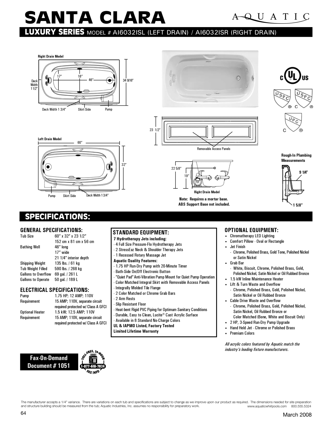 Aquatic AI6032ISR, AI6032ISL specifications Santa clara, Specifications, Fax-On-Demand Document # 