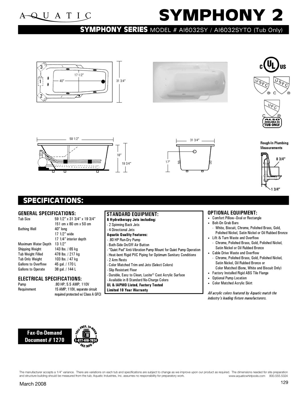 Aquatic AI6032SY specifications General Specifications, Electrical Specifications, Standard equipment, Optional equipment 