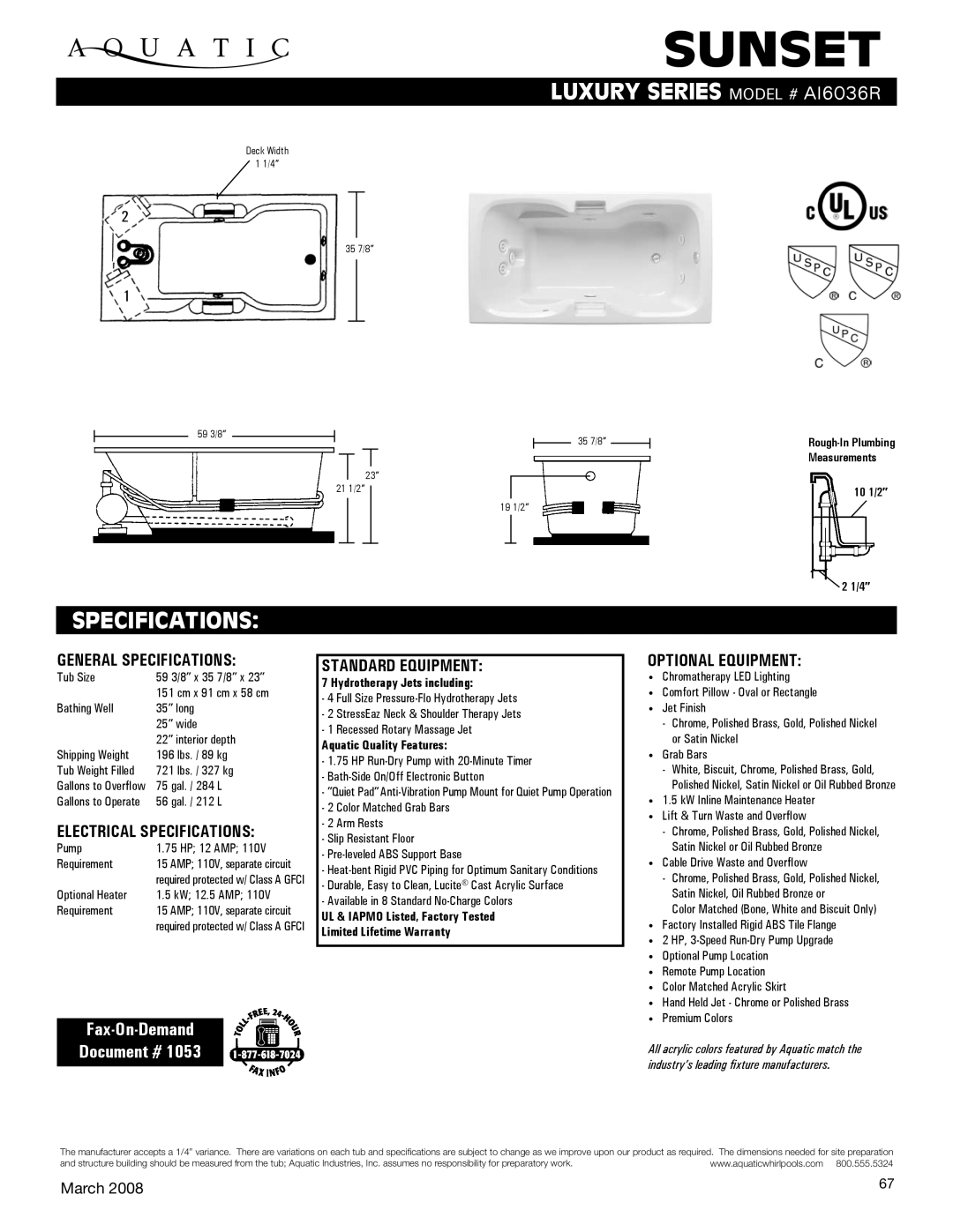 Aquatic AI6036R specifications General Specifications, Electrical Specifications, Standard equipment, Optional equipment 