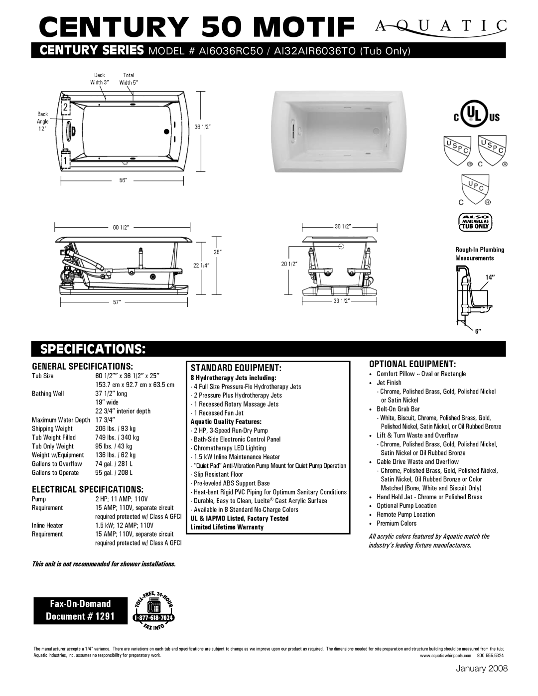 Aquatic AI6036RC50 specifications General Specifications, Electrical Specifications, Standard equipment 