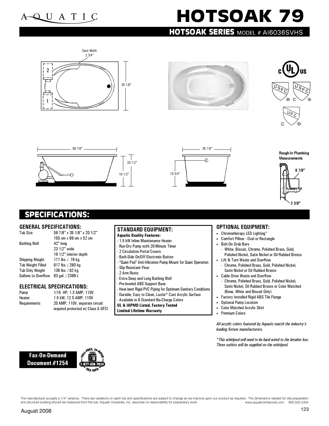 Aquatic AI6036SVHS specifications Hotsoak, Specifications, Fax-On-Demand Document #1254 