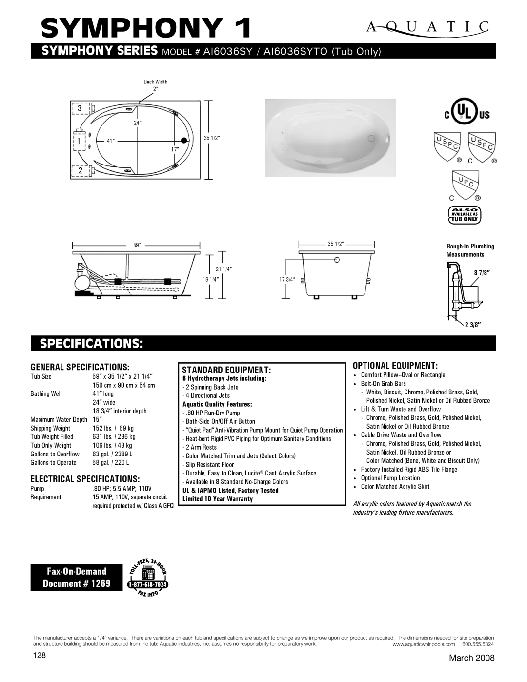 Aquatic AI6036SY specifications General Specifications, Electrical Specifications, Standard equipment, Optional equipment 