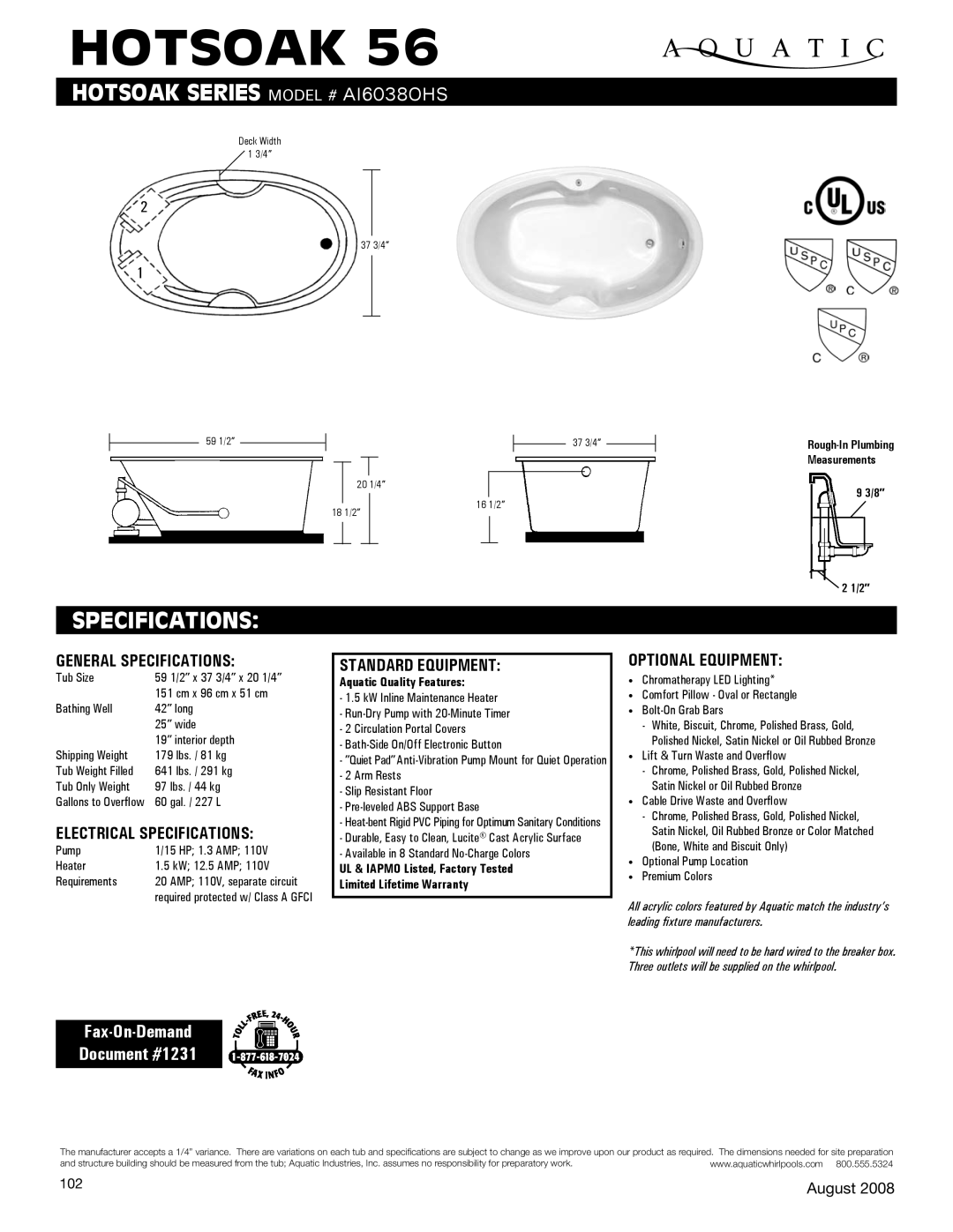 Aquatic AI6038OHS specifications General Specifications, Electrical Specifications, Standard equipment, Optional equipment 