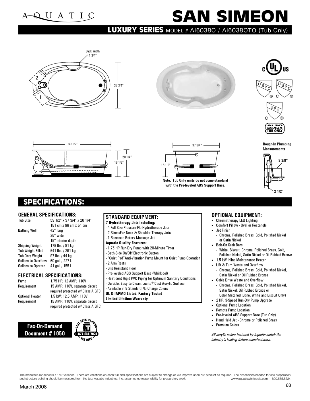 Aquatic AI6038O specifications General Specifications, Electrical Specifications, Standard equipment, Optional equipment 