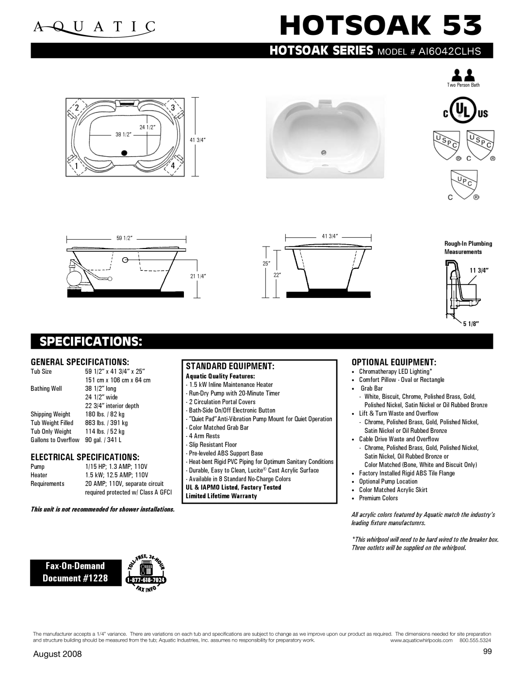 Aquatic ai6042ClHS specifications Hotsoak, Specifications, Fax-On-Demand Document #1228 