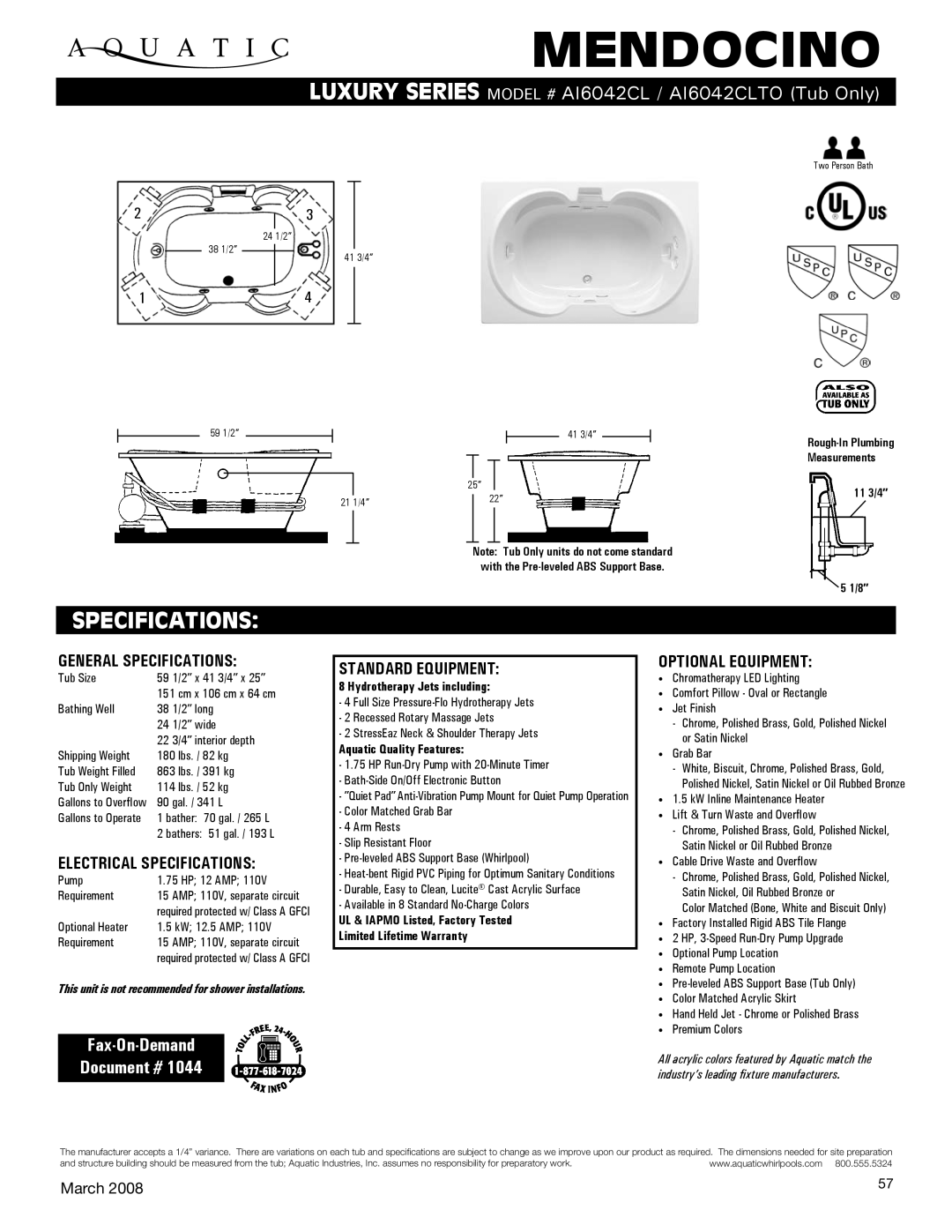 Aquatic AI6042CL specifications General Specifications, Electrical Specifications, Standard equipment, Optional equipment 