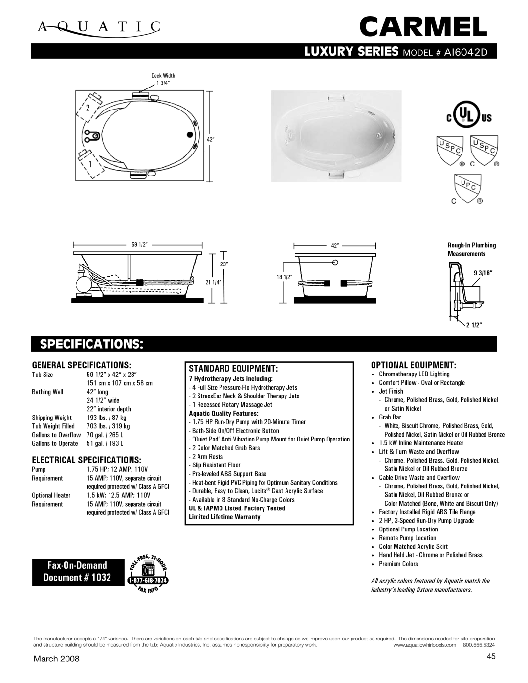 Aquatic AI6042D specifications General Specifications, Electrical Specifications, Standard equipment, Optional equipment 