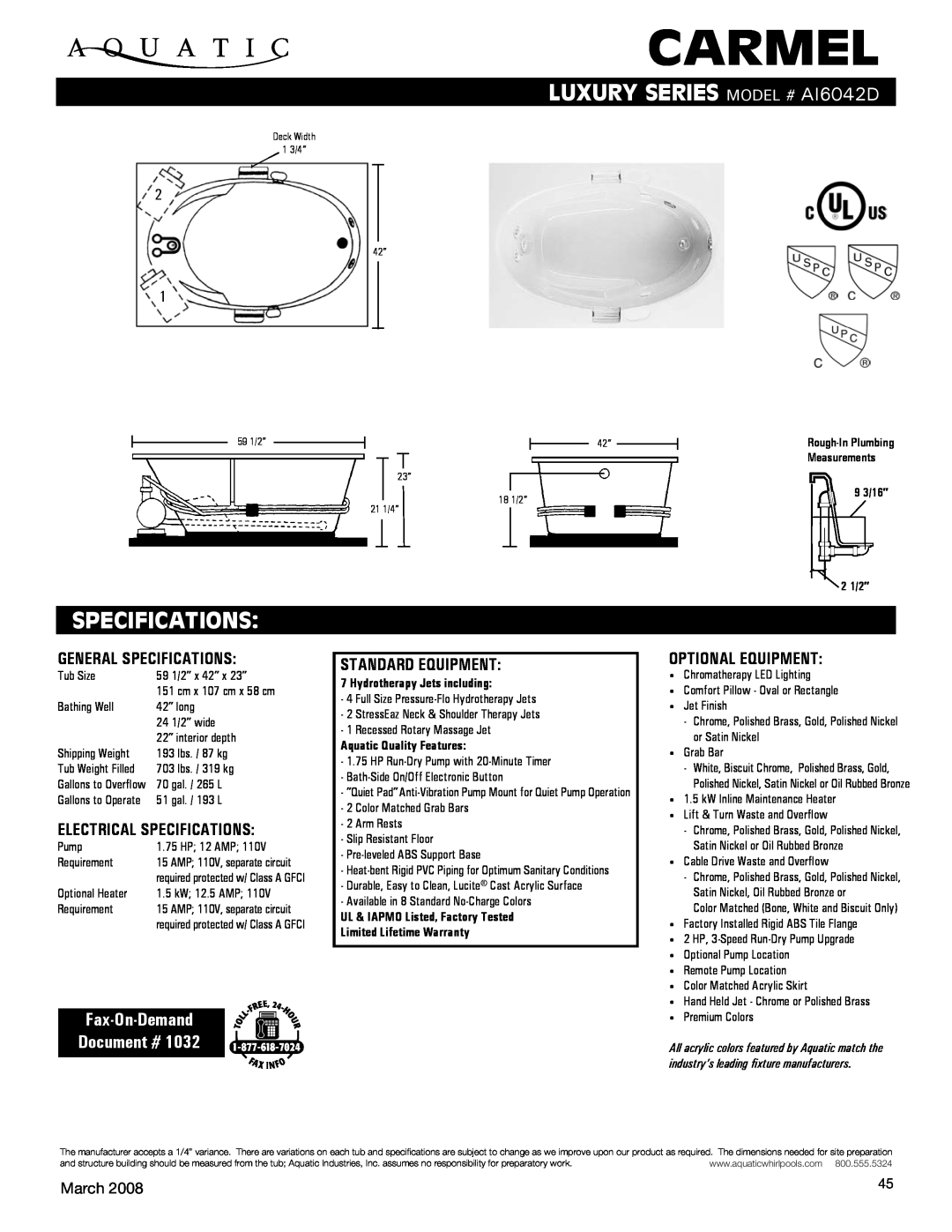 Aquatic AI6042D specifications Carmel, luxury SERIEs Model # ai6042D, Specifications, Fax-On-Demand Document #, March 