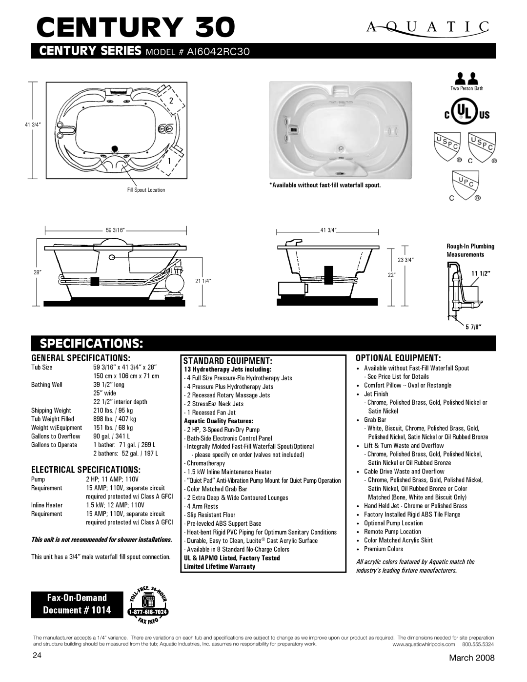 Aquatic AI6042RC30 specifications General Specifications, Electrical Specifications, Standard equipment 