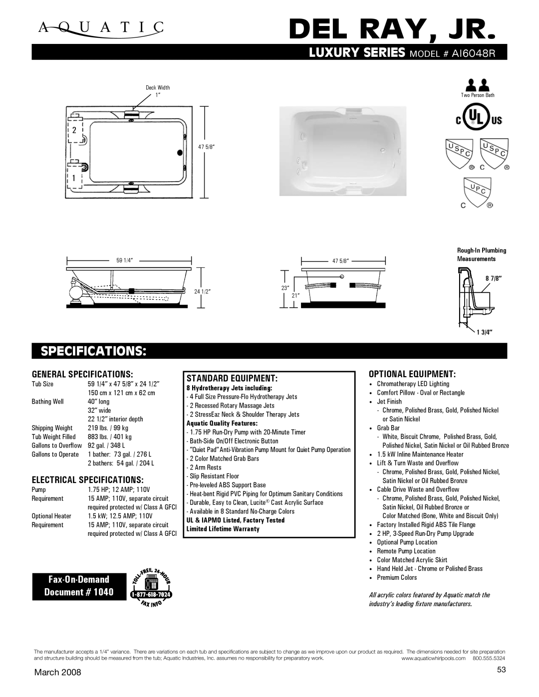 Aquatic AI6048R specifications General Specifications, Electrical Specifications, Standard equipment, Optional equipment 