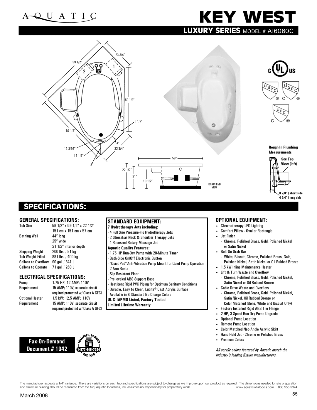 Aquatic ai6060C specifications Key west, Specifications, Fax-On-Demand Document # 