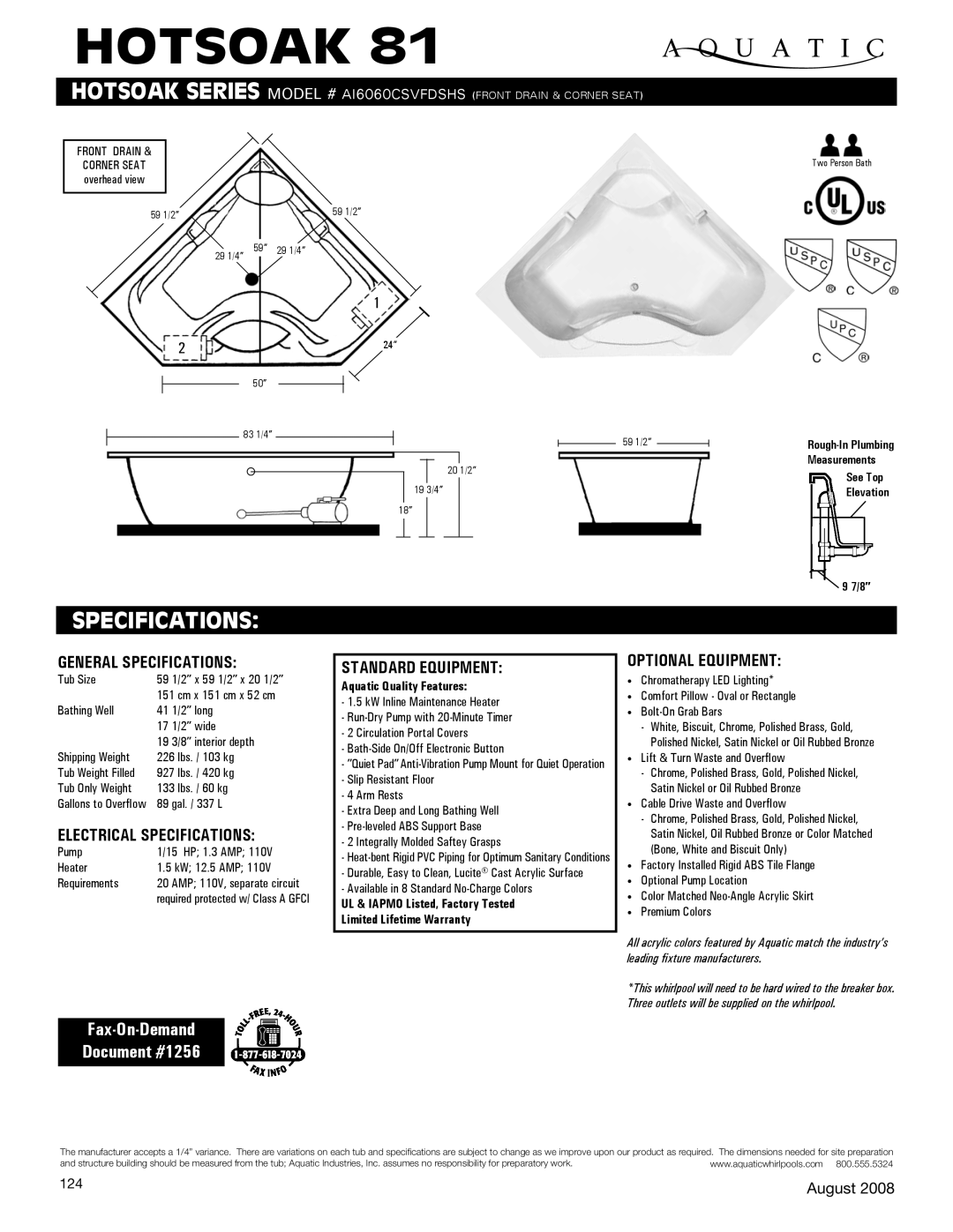 Aquatic ai6060CSvfdShS specifications Hotsoak, Specifications, Fax-On-Demand Document #1256 