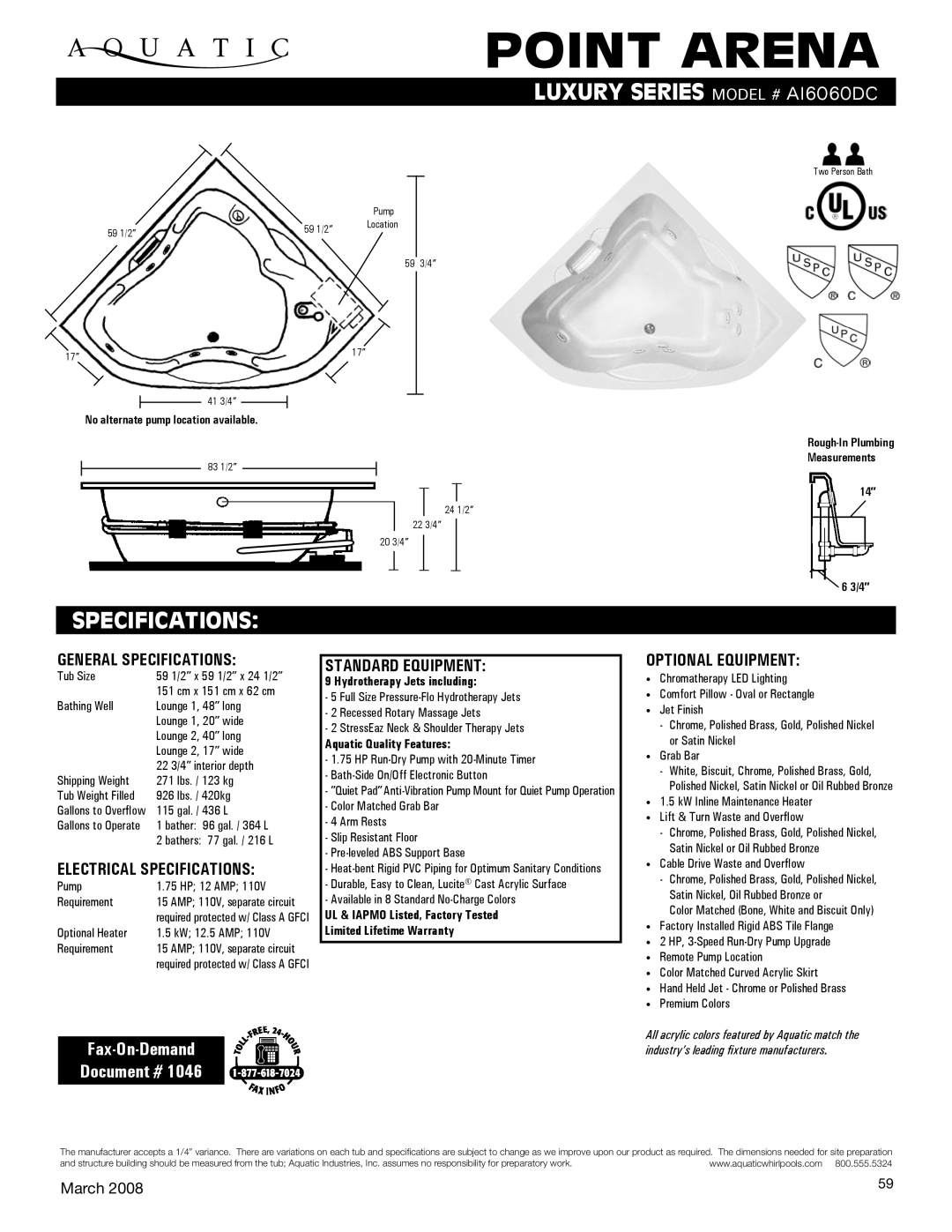 Aquatic AI6060DC specifications General Specifications, Electrical Specifications, Standard equipment, Optional equipment 