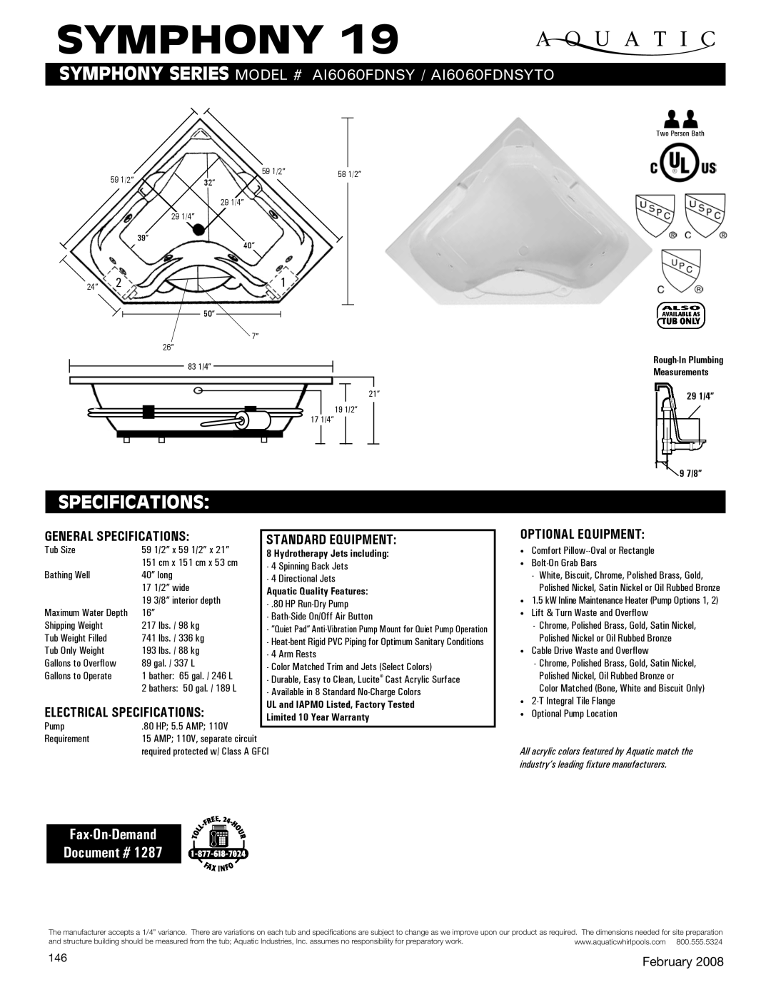 Aquatic AI6060FDNSYTO specifications Symphony, Specifications, Fax-On-Demand Document # 