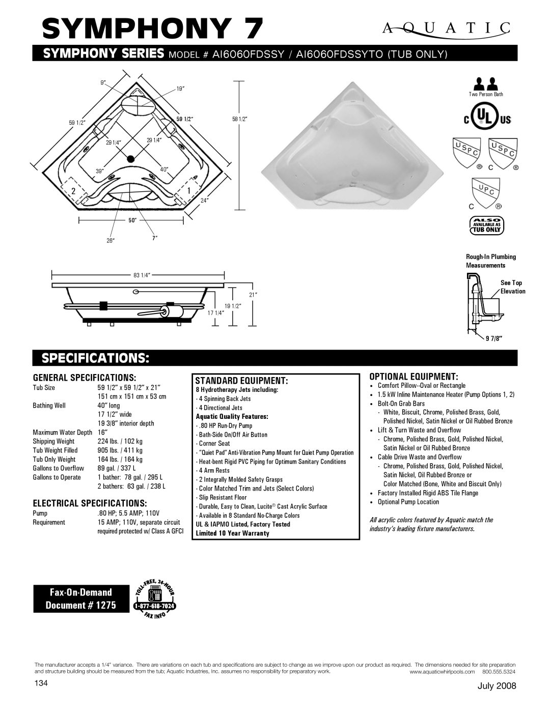 Aquatic AI6060FDSSYTO specifications General Specifications, Electrical Specifications, Standard equipment 