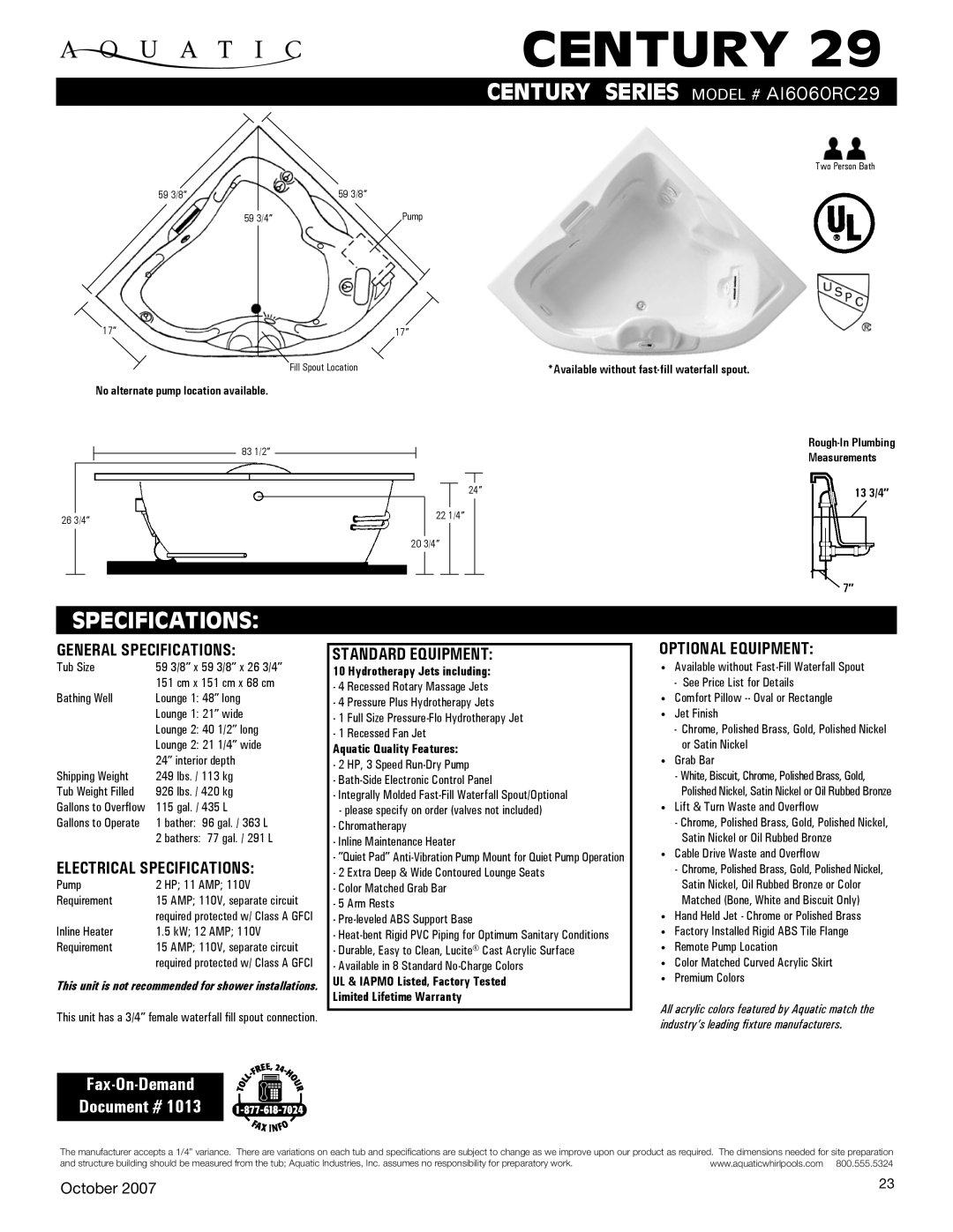 Aquatic AI6060RC29 specifications General Specifications, Electrical Specifications, Standard equipment 