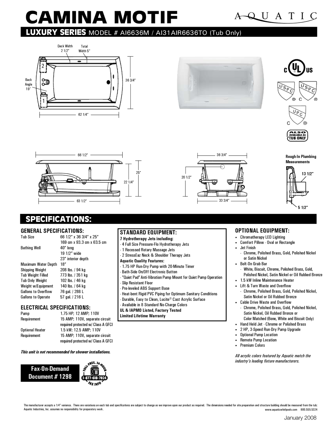 Aquatic AI6636M specifications General Specifications, Electrical Specifications, Standard equipment, Optional equipment 