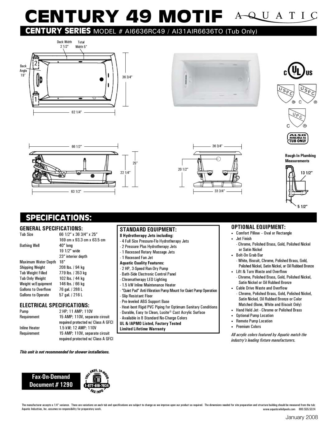 Aquatic AI36LUX6636, AI6636RC49 specifications General Specifications, Electrical Specifications, Standard equipment 