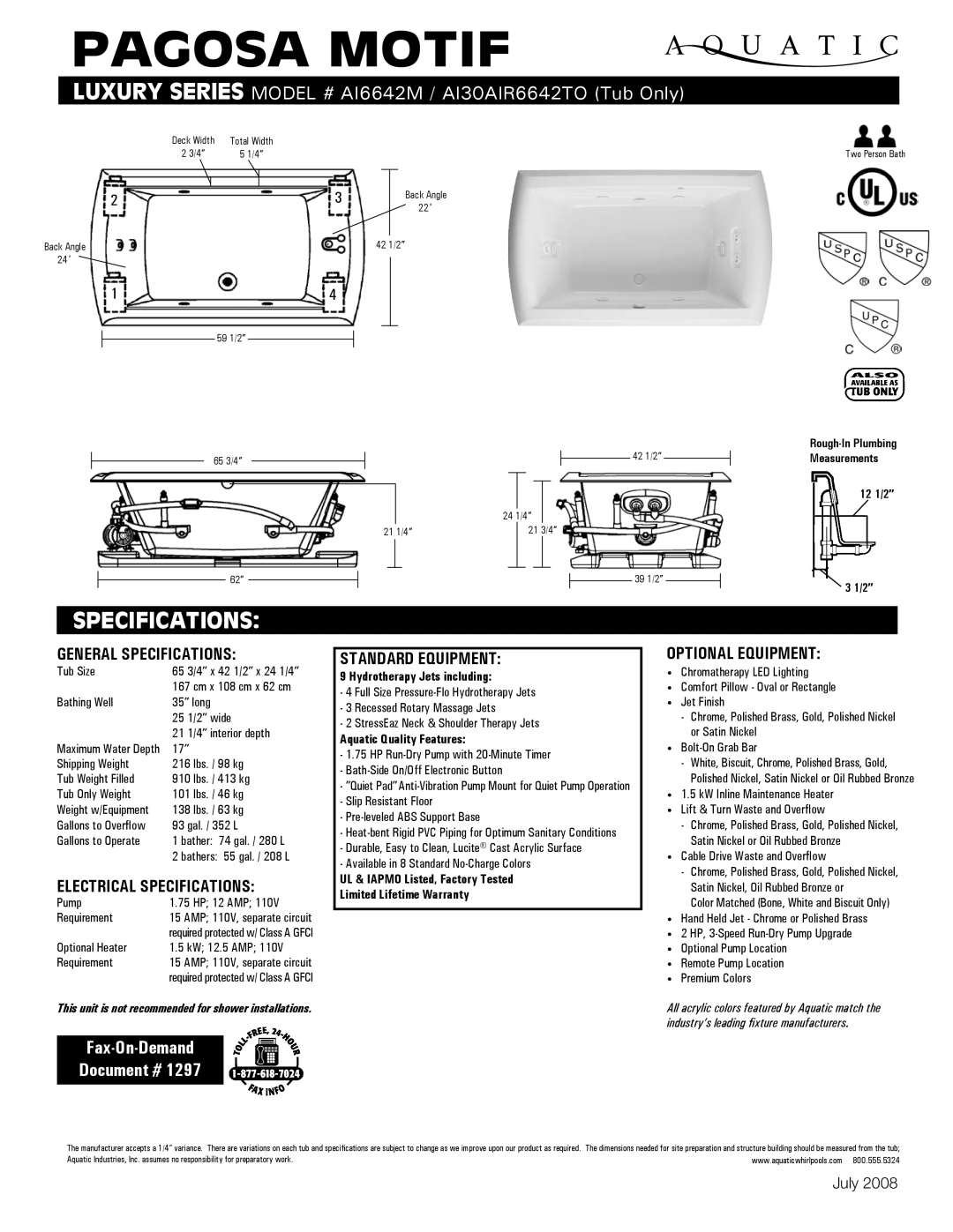 Aquatic AI6642M specifications General Specifications, Electrical Specifications, Standard equipment, Optional equipment 