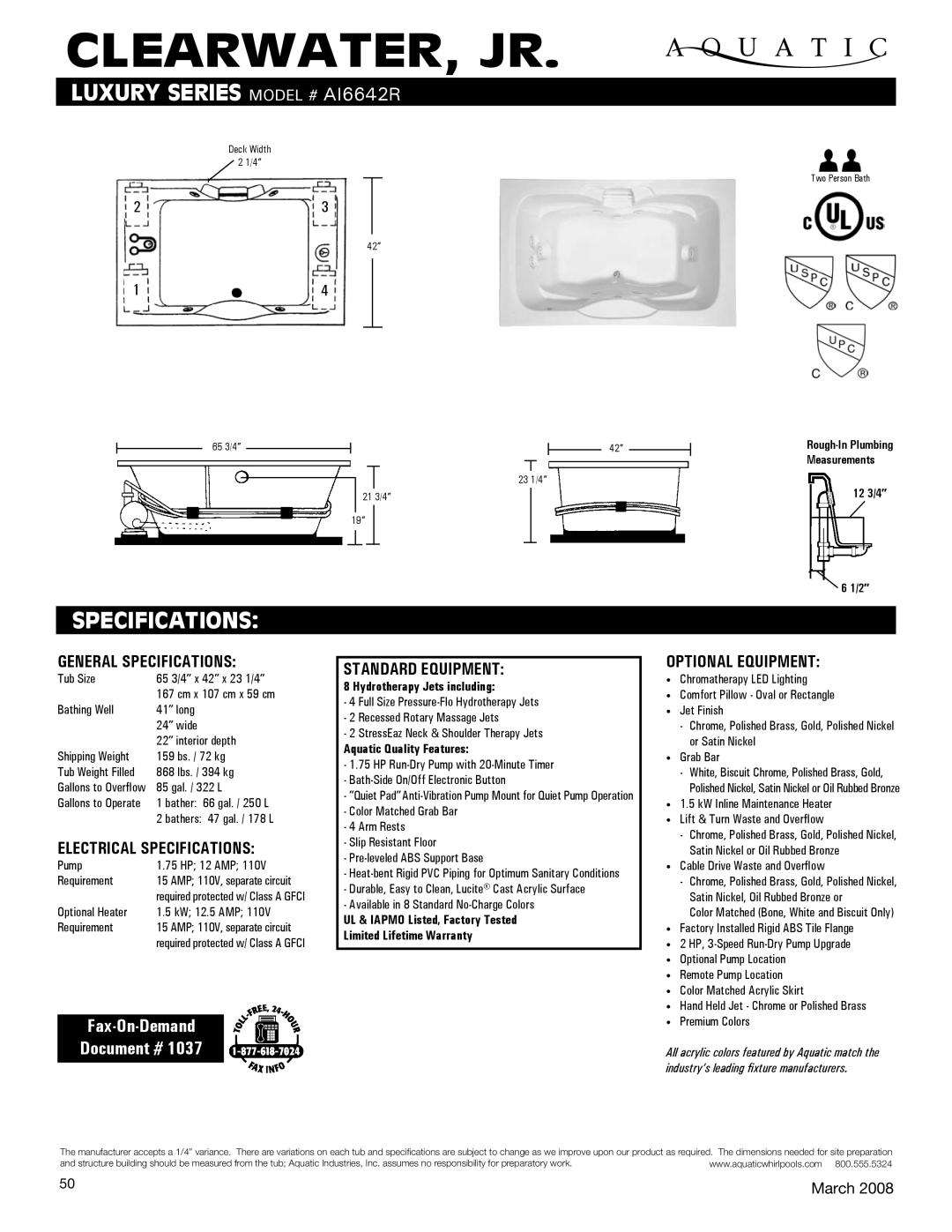 Aquatic ai6642R specifications General Specifications, Electrical Specifications, Standard equipment, Optional equipment 