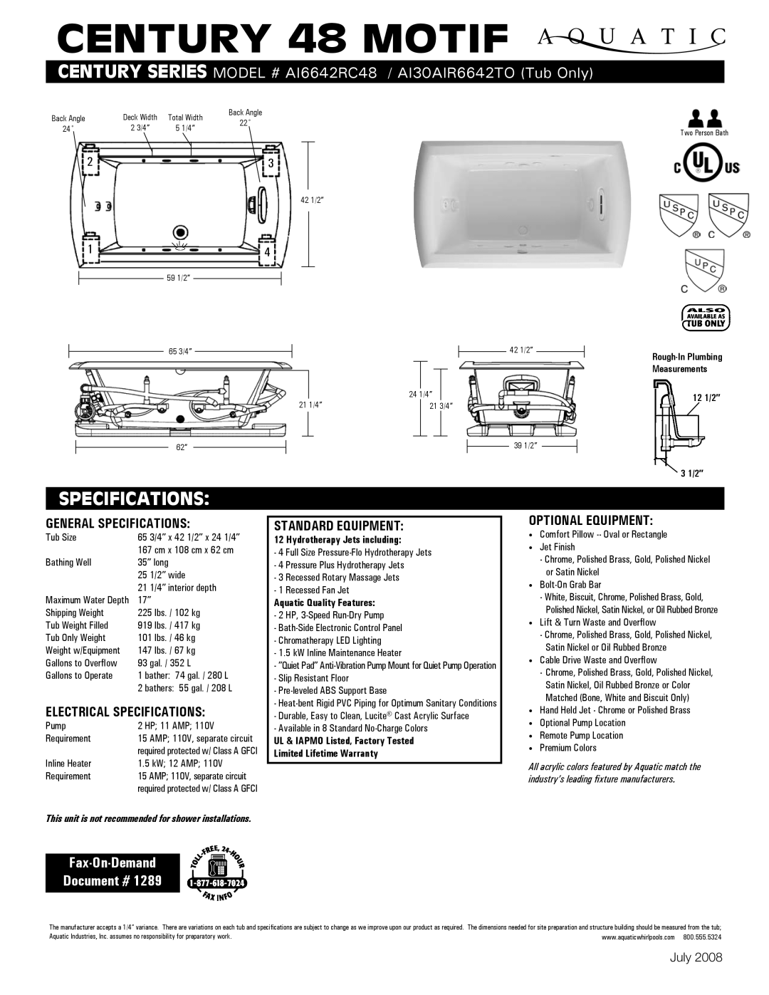 Aquatic AI6642RC48 specifications General Specifications, Electrical Specifications, Standard equipment 