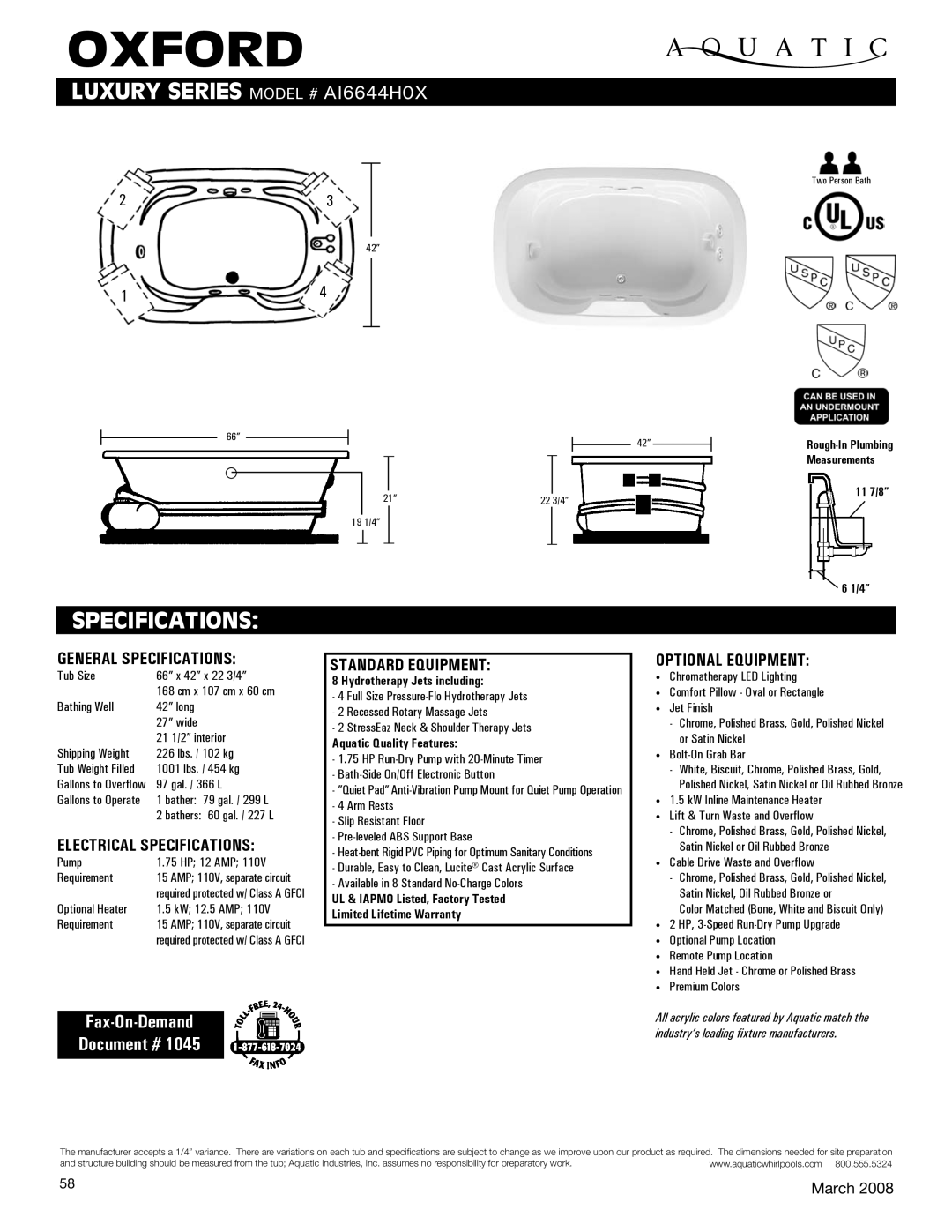 Aquatic AI6644H0X specifications Oxford, Specifications, Fax-On-Demand Document # 