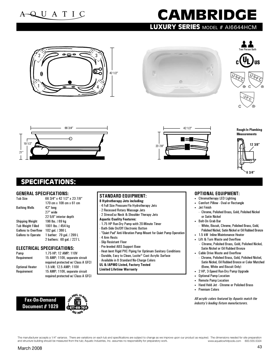 Aquatic AI6644HCM specifications General SpecificatIons, Electrical Specifications, Standard equipment, Optional equipment 