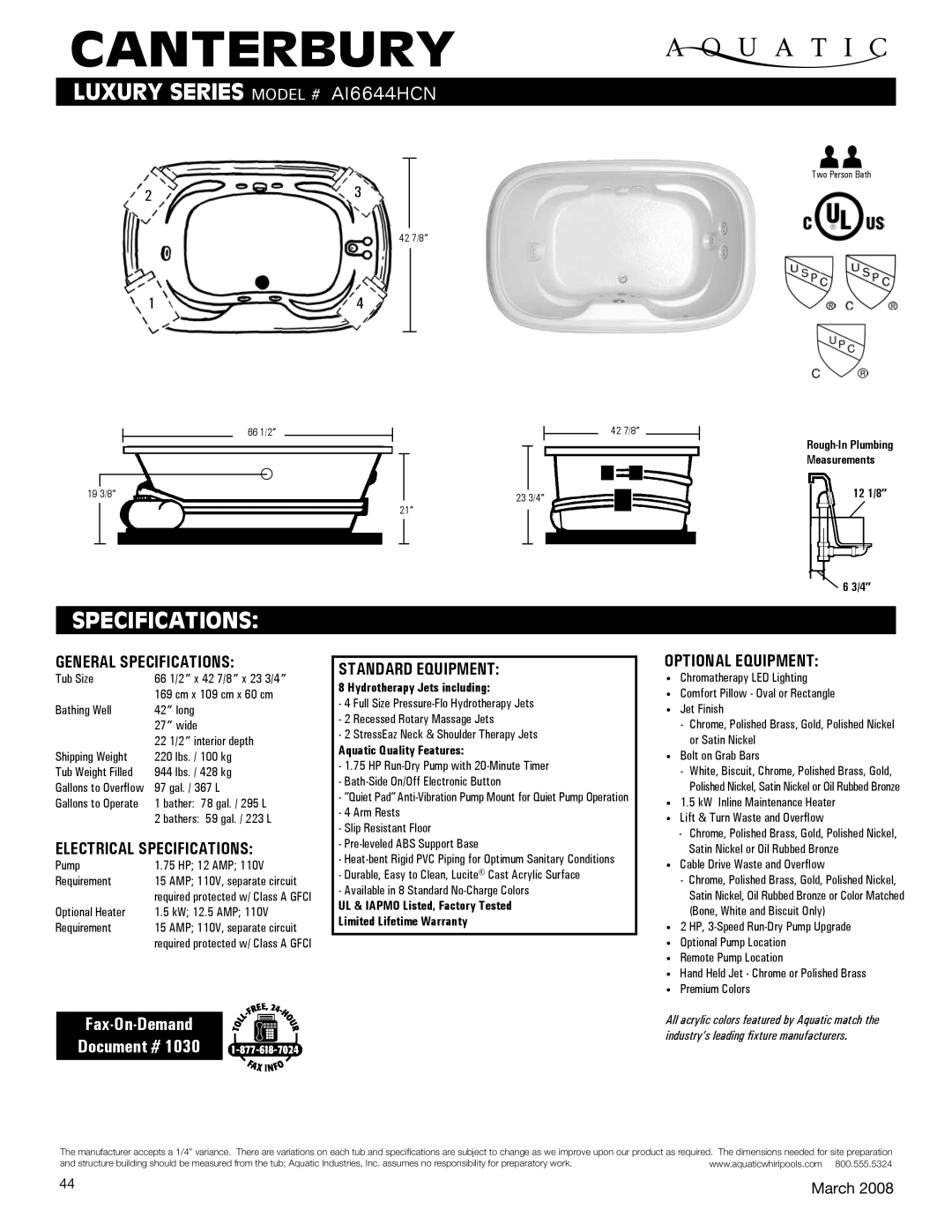 Aquatic AI6644HCN specifications General Specifications, Electrical Specifications, Standard equipment, Optional equipment 