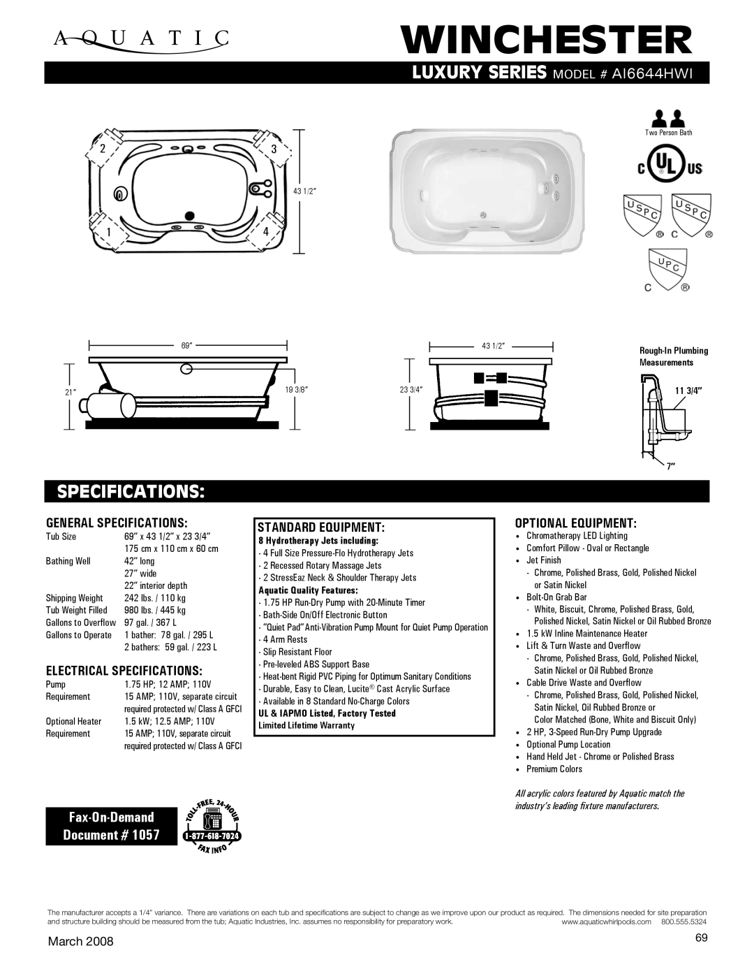 Aquatic AI6644HWI specifications Winchester, Specifications, Fax-On-Demand Document # 