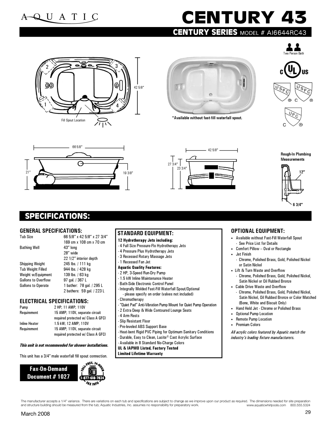 Aquatic AI6644RC43 specifications General Specifications, Electrical Specifications, Standard equipment 