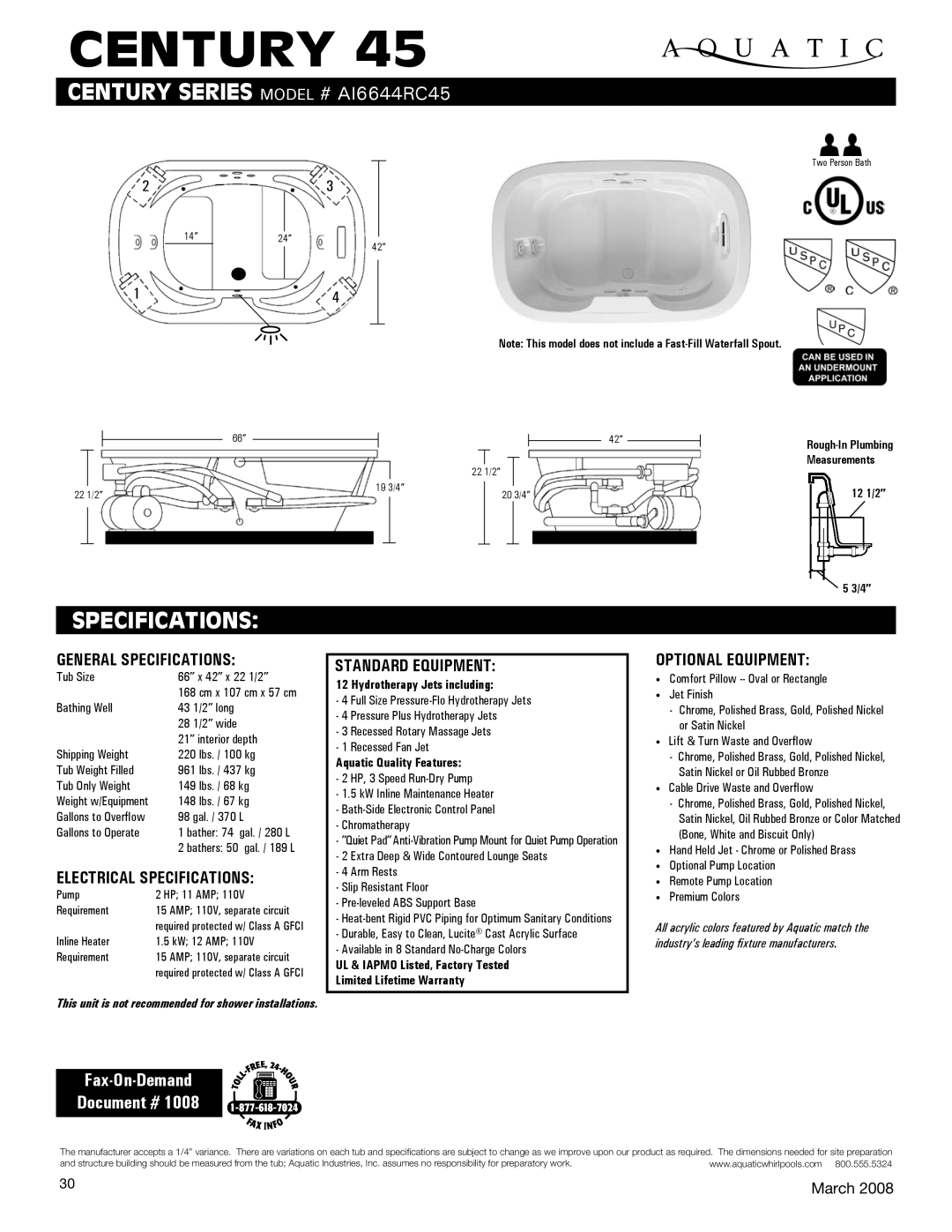 Aquatic AI6644RC45 specifications General Specifications, Electrical Specifications, Standard equipment 