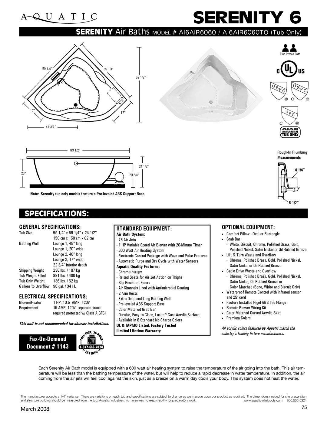 Aquatic AI6AIR6060TO specifications General Specifications, Electrical Specifications, Standard equipment 