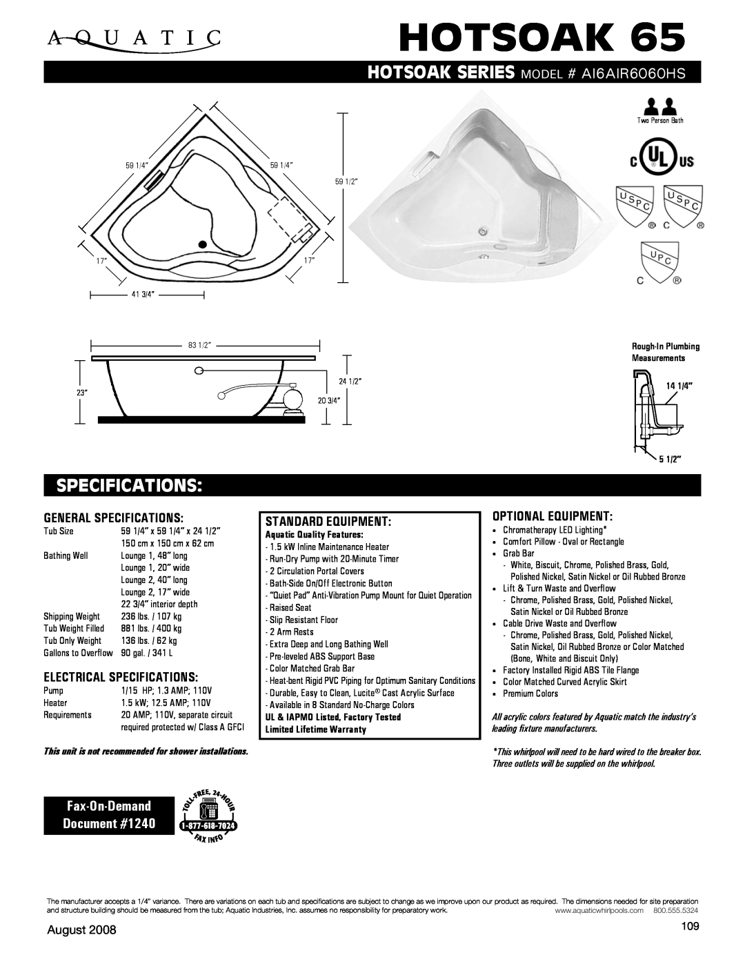 Aquatic specifications hotsoak, Specifications, HOTSOAK SERIES Model # AI6AIR6060HS, Fax-On-Demand Document #1240 