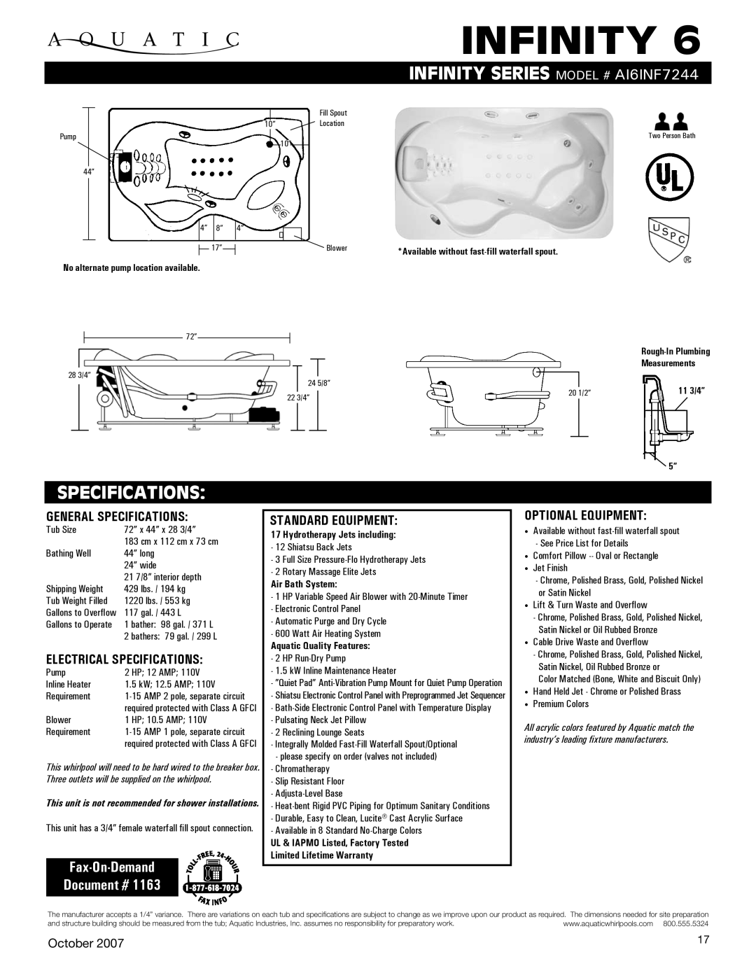 Aquatic AI6INF7244 specifications General Specifications, Electrical Specifications, Standard equipment 