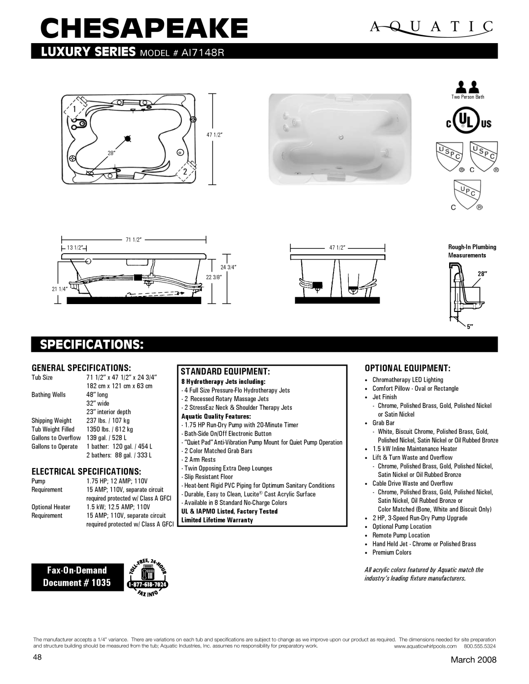 Aquatic ai7148R specifications Chesapeake, Specifications, Fax-On-Demand Document # 