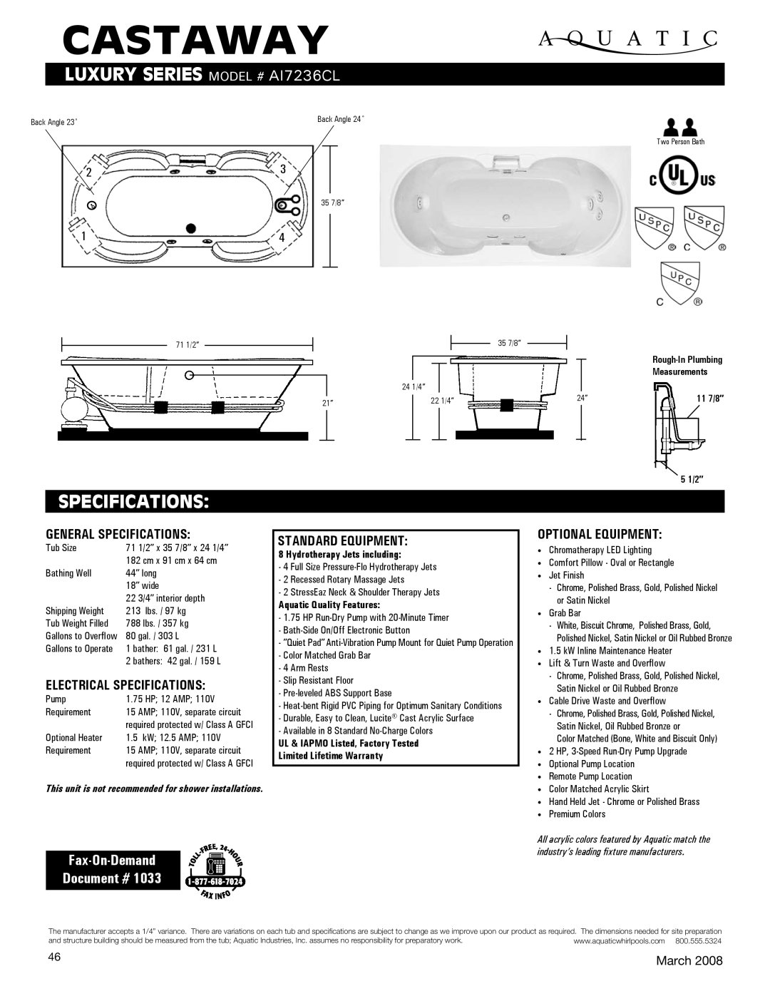 Aquatic AI7236Cl specifications General Specifications, Electrical Specifications, Standard equipment, Optional equipment 