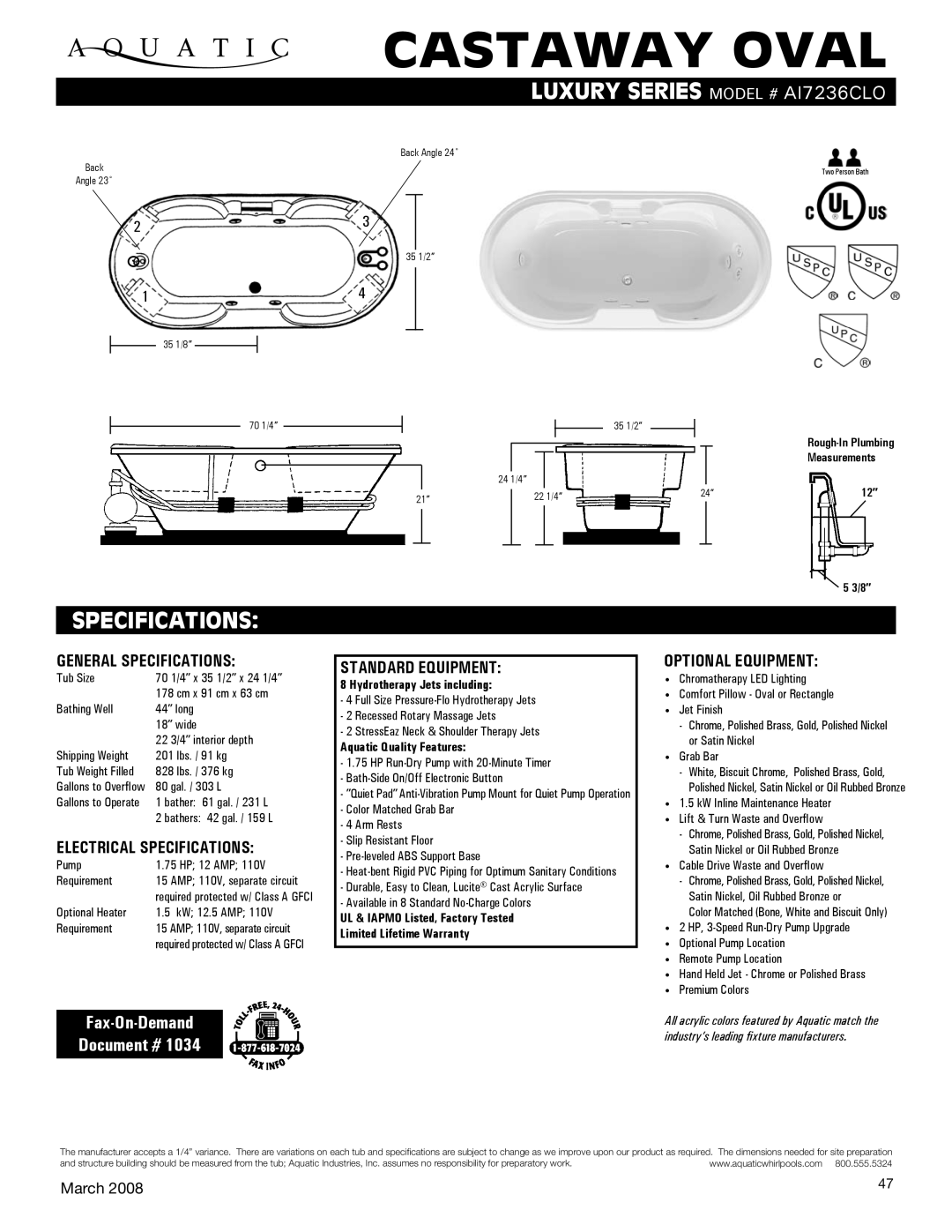 Aquatic ai7236Clo specifications General Specifications, Electrical Specifications, Standard equipment, Optional equipment 