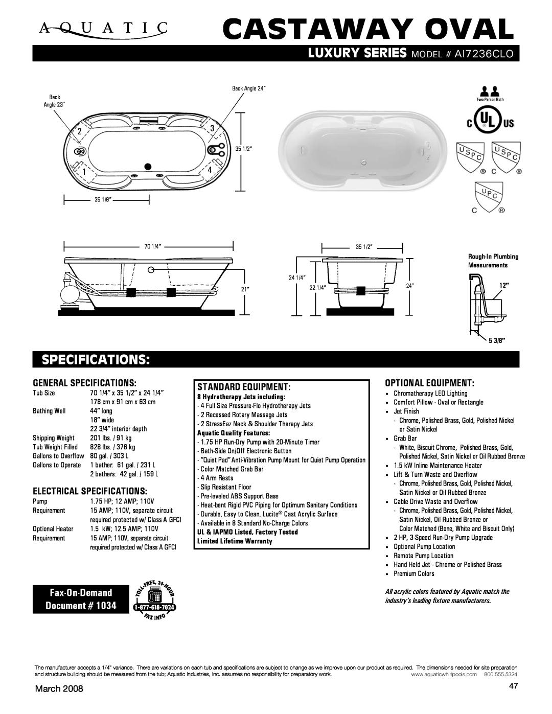 Aquatic ai7236Clo specifications Castaway oval, luxury series Model # ai7236CLO, Specifications, Fax-On-Demand Document # 