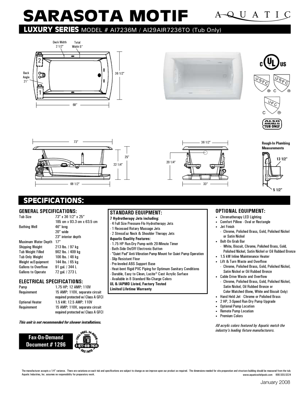 Aquatic AI29AIR7236TO, AI7236M specifications General Specifications, Electrical Specifications, Standard equipment 