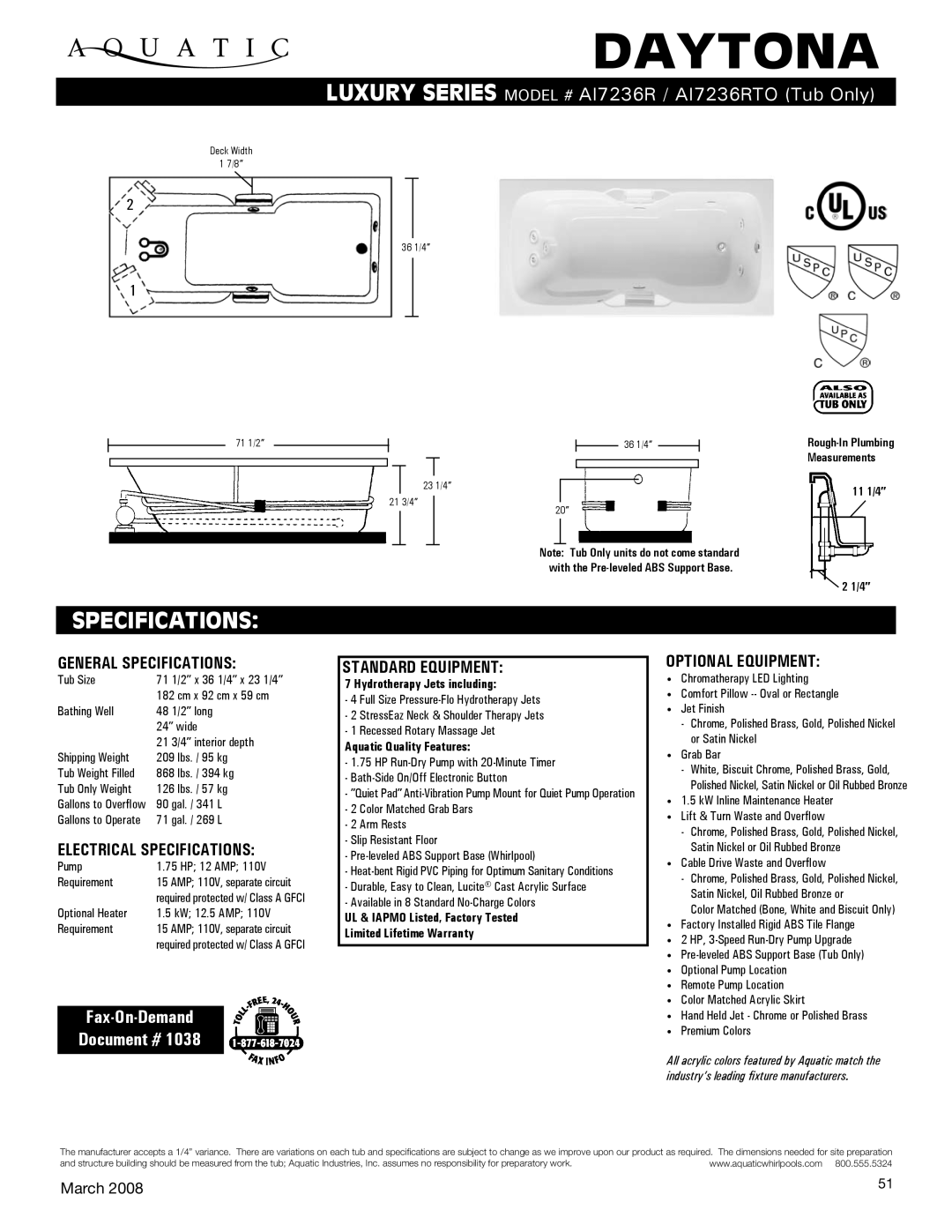 Aquatic AI7236RTO specifications Daytona, Specifications, Fax-On-Demand Document # 