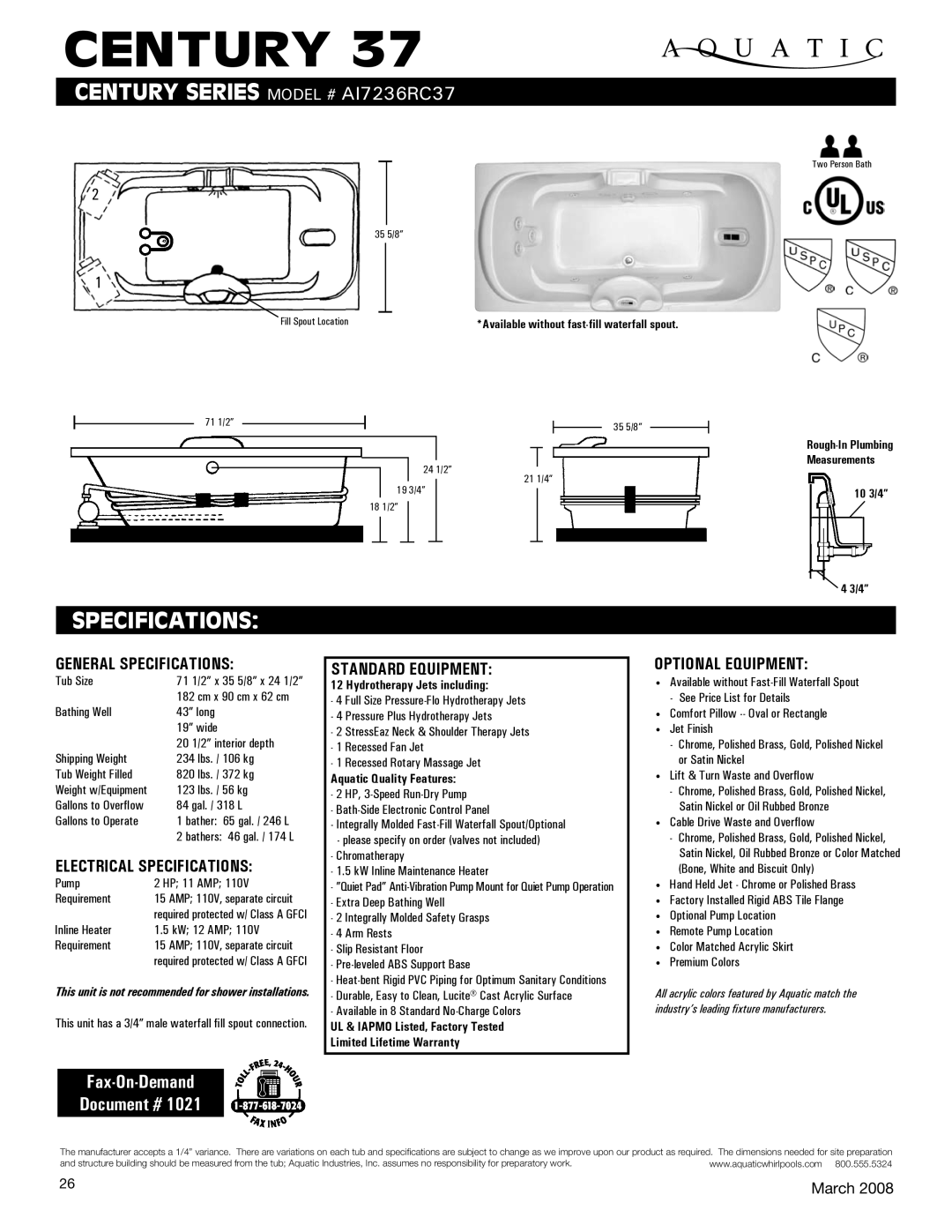 Aquatic AI7236RC37 specifications General Specifications, Electrical Specifications, Standard equipment 