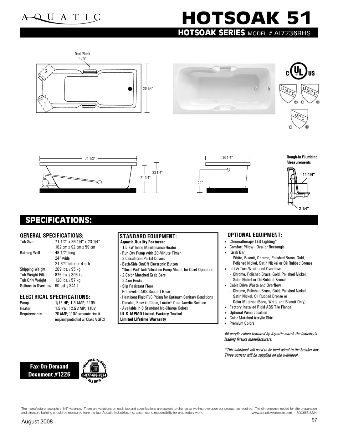 Aquatic AI7236RHS specifications Hotsoak, Specifications, Fax-On-Demand Document #1226 