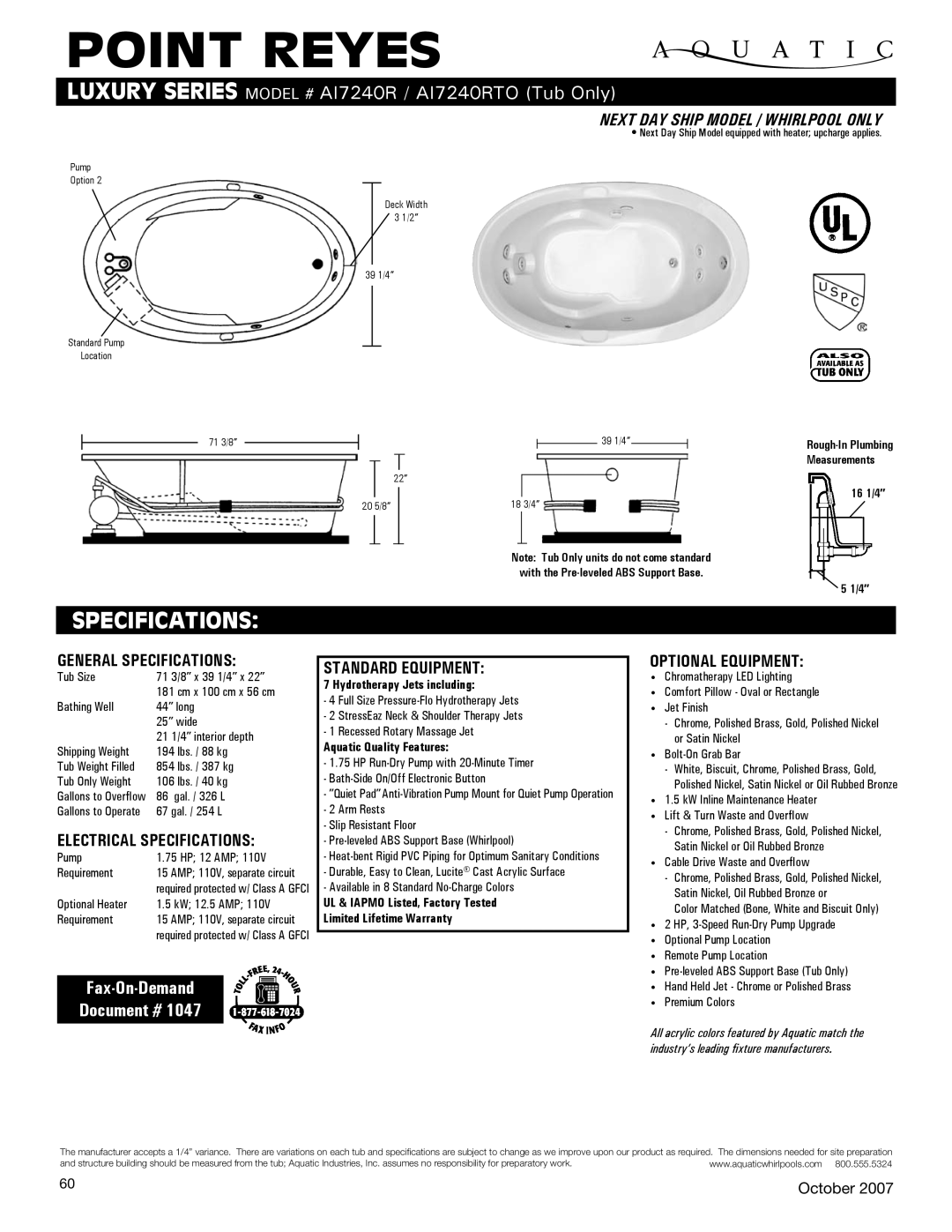 Aquatic AI7240RTO specifications General Specifications, Electrical Specifications, Standard equipment, Optional equipment 