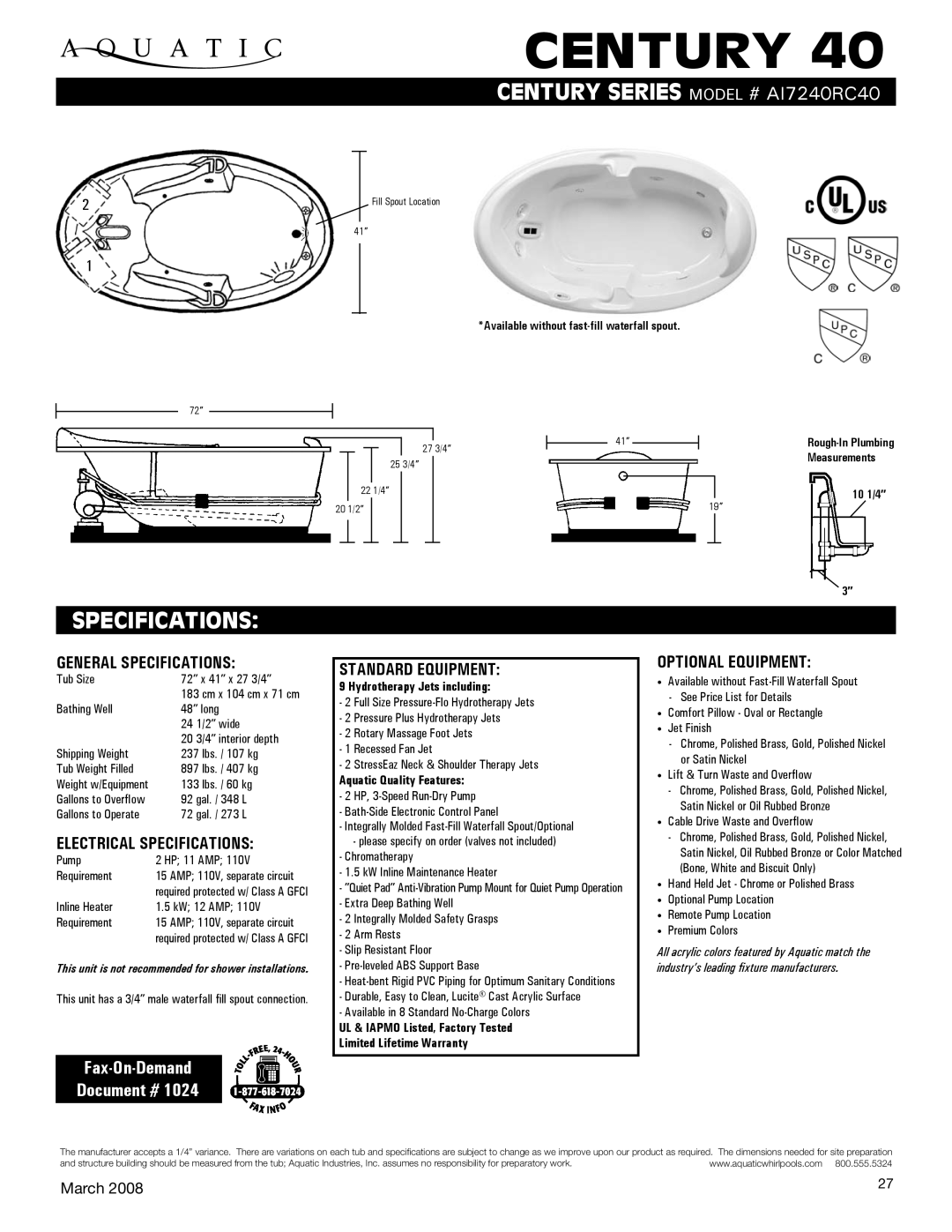 Aquatic AI7240RC40 specifications General Specifications, Electrical Specifications, Standard equipment 