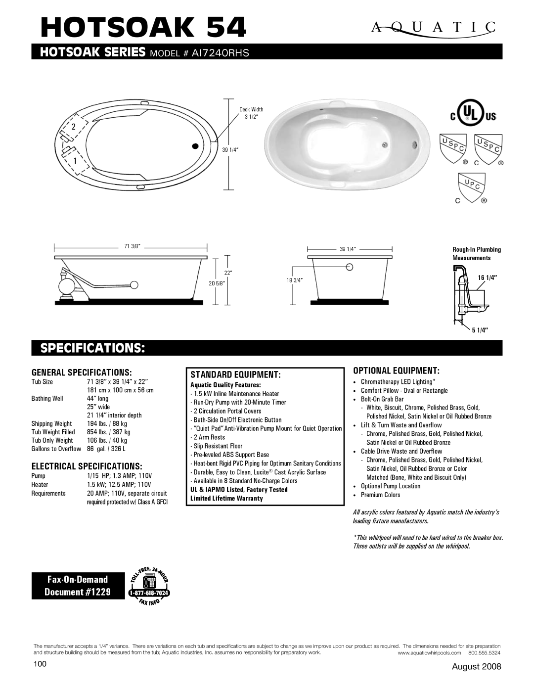 Aquatic AI7240RHS specifications General Specifications, Electrical Specifications, Standard equipment, Optional equipment 